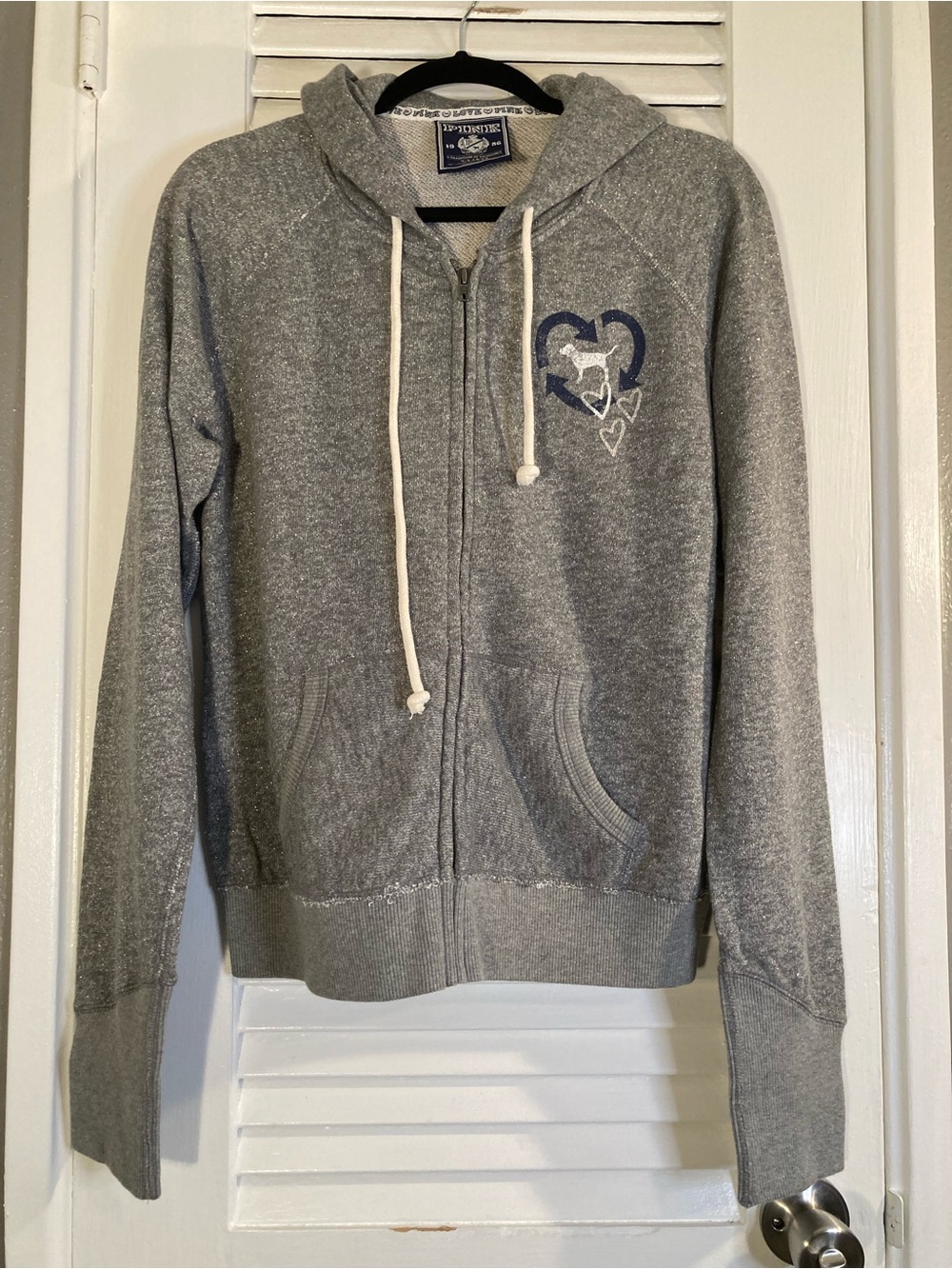 Victoria's Secret Gray Glitter Zip-Up Hoodie Free Hugs Y2K
